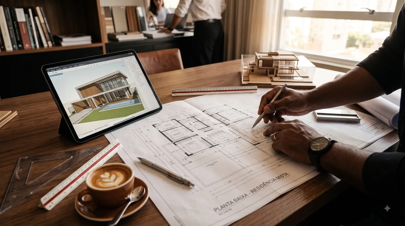 Equipe Freeman Engenharia analisando projeto residencial com modelagem BIM em Maricá